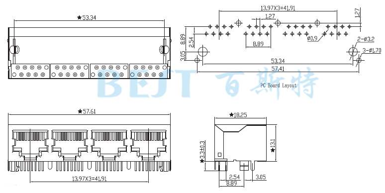 RJ45插座5621S 10P8C 1X4參考圖紙