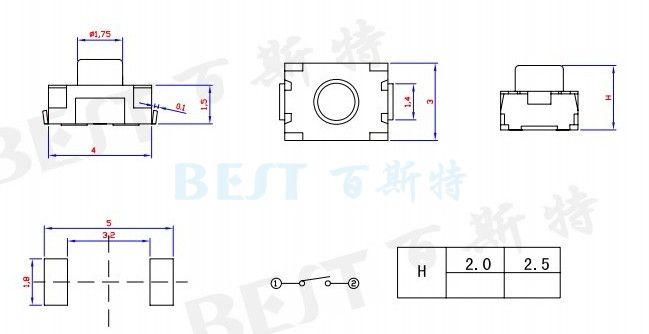 輕觸開關3×4_TS-1185U_參考圖紙