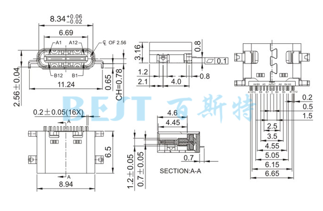 USB插座USB-C-08 16PIN沉板_參考圖紙