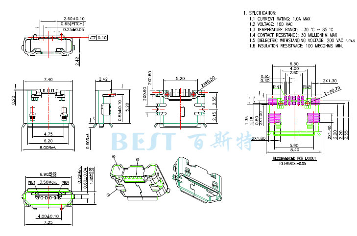 USB插座USB-MC-001-04參考圖紙